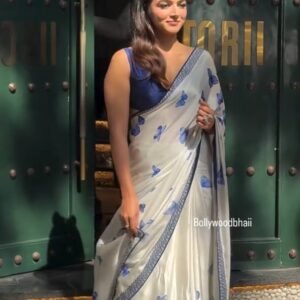 Women's Chic Snow White Georgette Saree with Vibrant Blue Butterfly Digital Print & Contrasting Border – Perfect for Casual Outings & Day Events